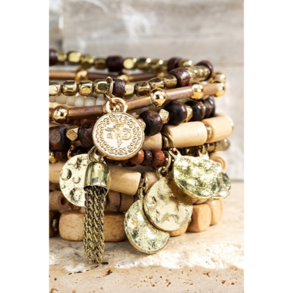 SOLD OUT Boho Brown Wood Gold Bead Charm Stackable Multi Layer Stretch Bracelet - Picture 1 of 3